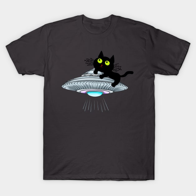 Lucky Black Cat on a UFO T-Shirt by kestrelle